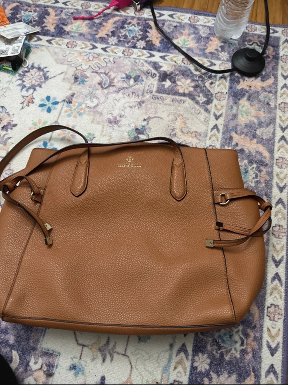 Nanette Lepore Cognac Pebbled Tote with Gold Accents